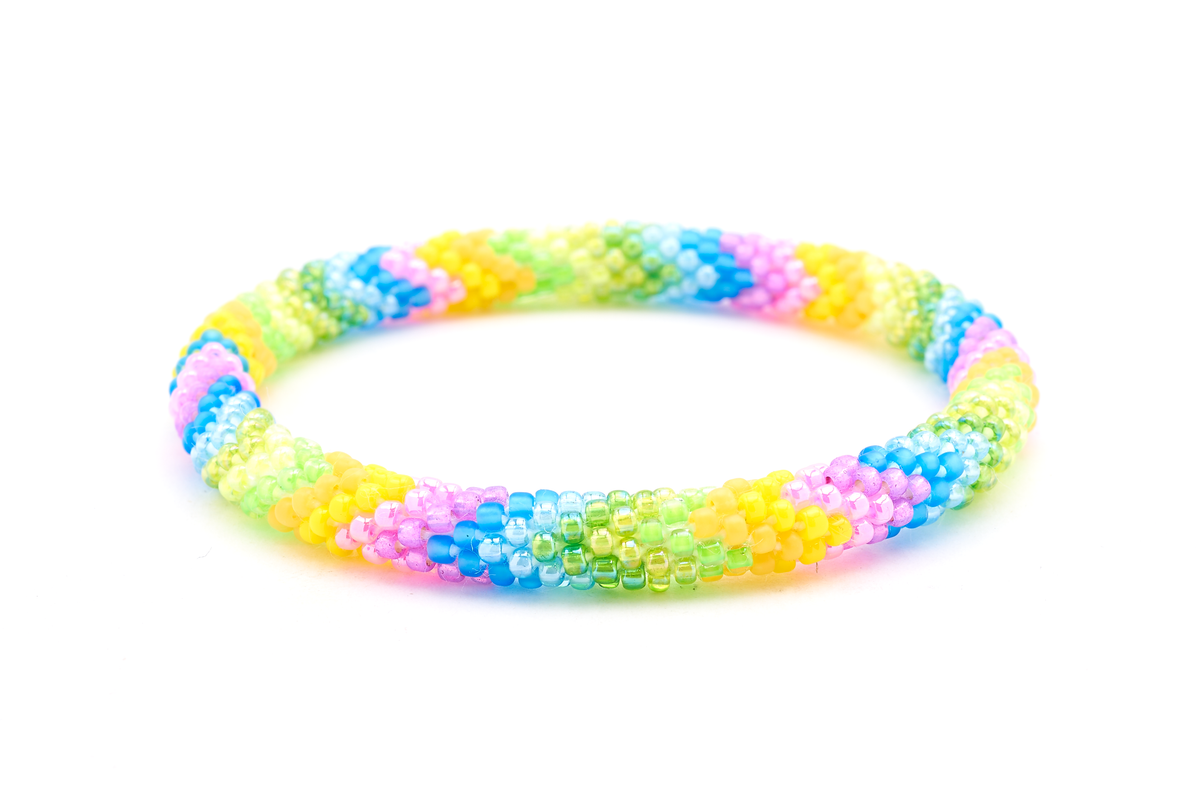 Handmade beaded friendship bracelet with blue, pink, green, yellow, and orange glass beads. Crafted by artisans in Nepal for Sashka Co.
