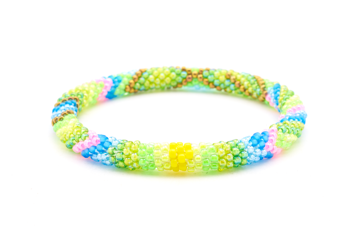 Handmade beaded friendship bracelet with green, light green, pink, blue, yellow, and bronze glass beads. Crafted by artisans in Nepal for Sashka Co.