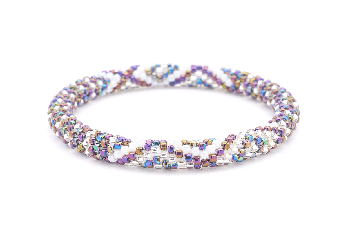 Handmade beaded friendship bracelet with iridescent, purple, clear, and white glass beads. Crafted by artisans in Nepal for Sashka Co.