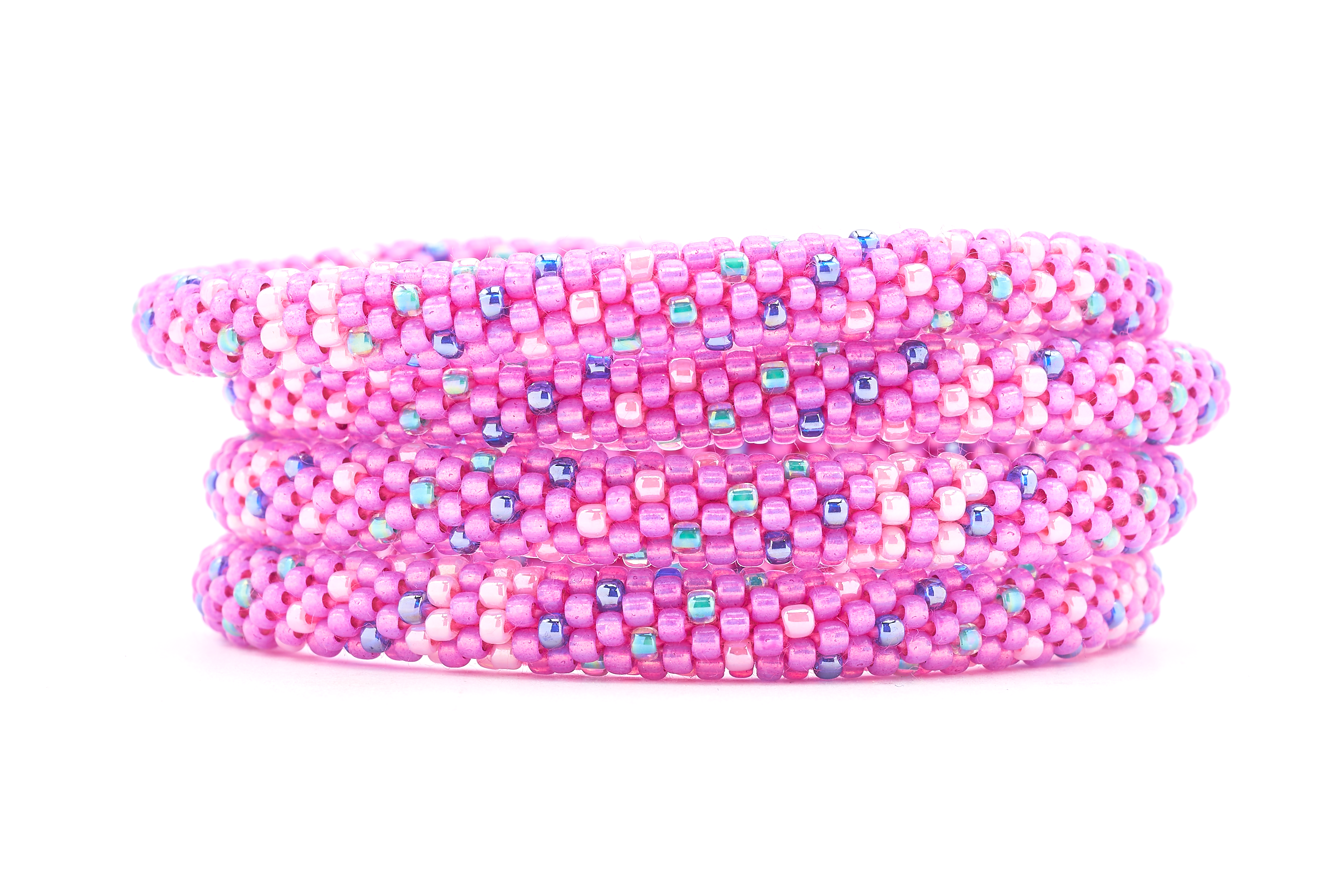 Handmade beaded friendship bracelet with mixed pink glass beads. Crafted by artisans in Nepal for Sashka Co.