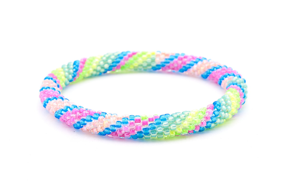 Handmade beaded friendship bracelet with neon green, neon yellow, hot pink, blue, coral, and light teal glass beads. Crafted by artisans in Nepal for Sashka Co.