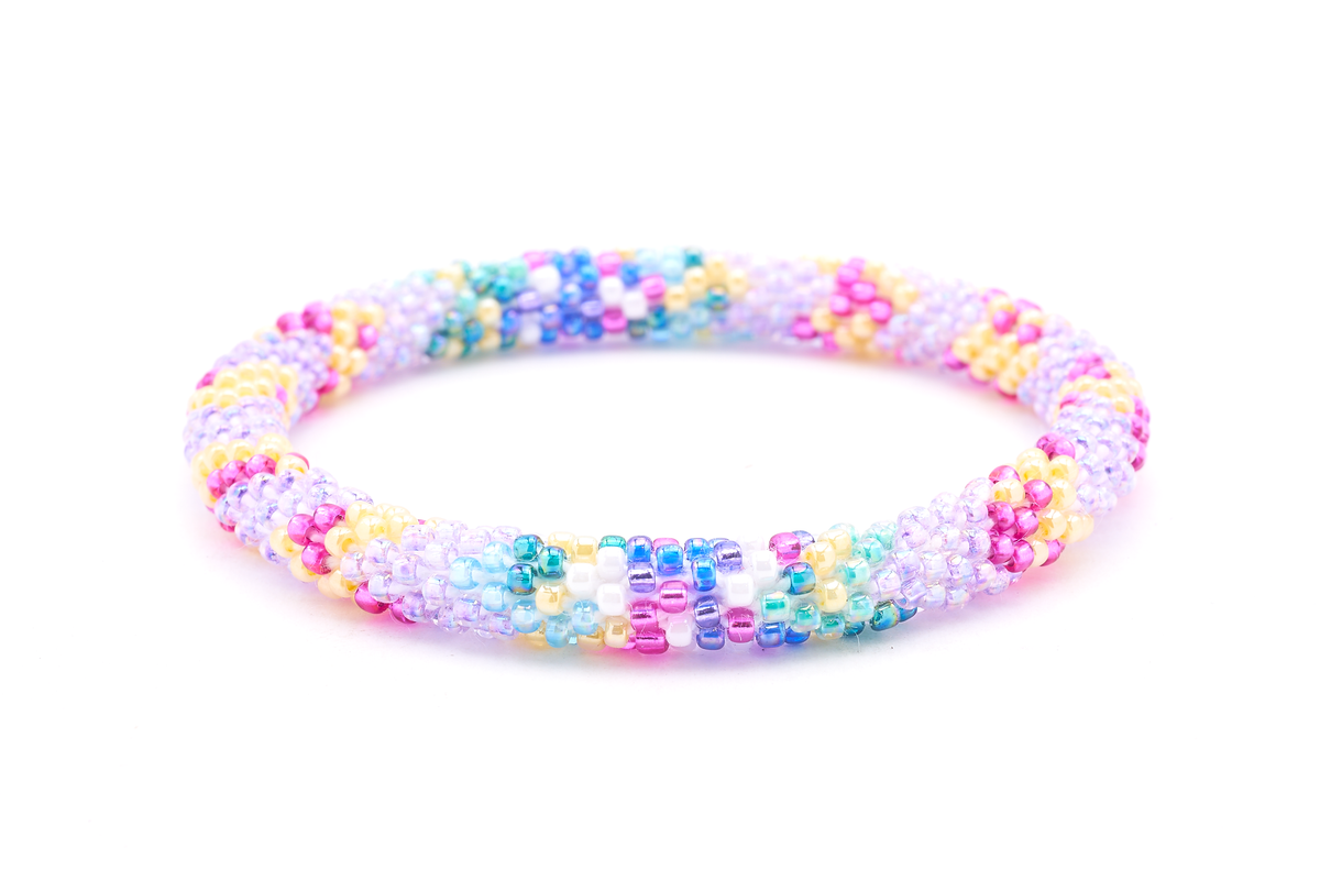 Handmade beaded friendship bracelet with purple, pink, blue, yellow, and teal glass beads. Crafted by artisans in Nepal for Sashka Co.