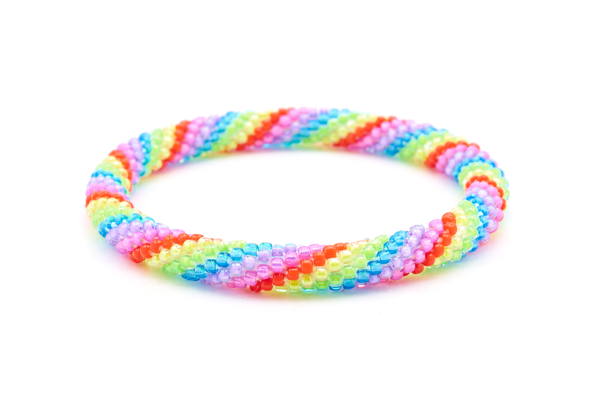 Handmade beaded friendship bracelet with red, pink, purple, blue, green, and yellow glass beads. Crafted by artisans in Nepal for Sashka Co.