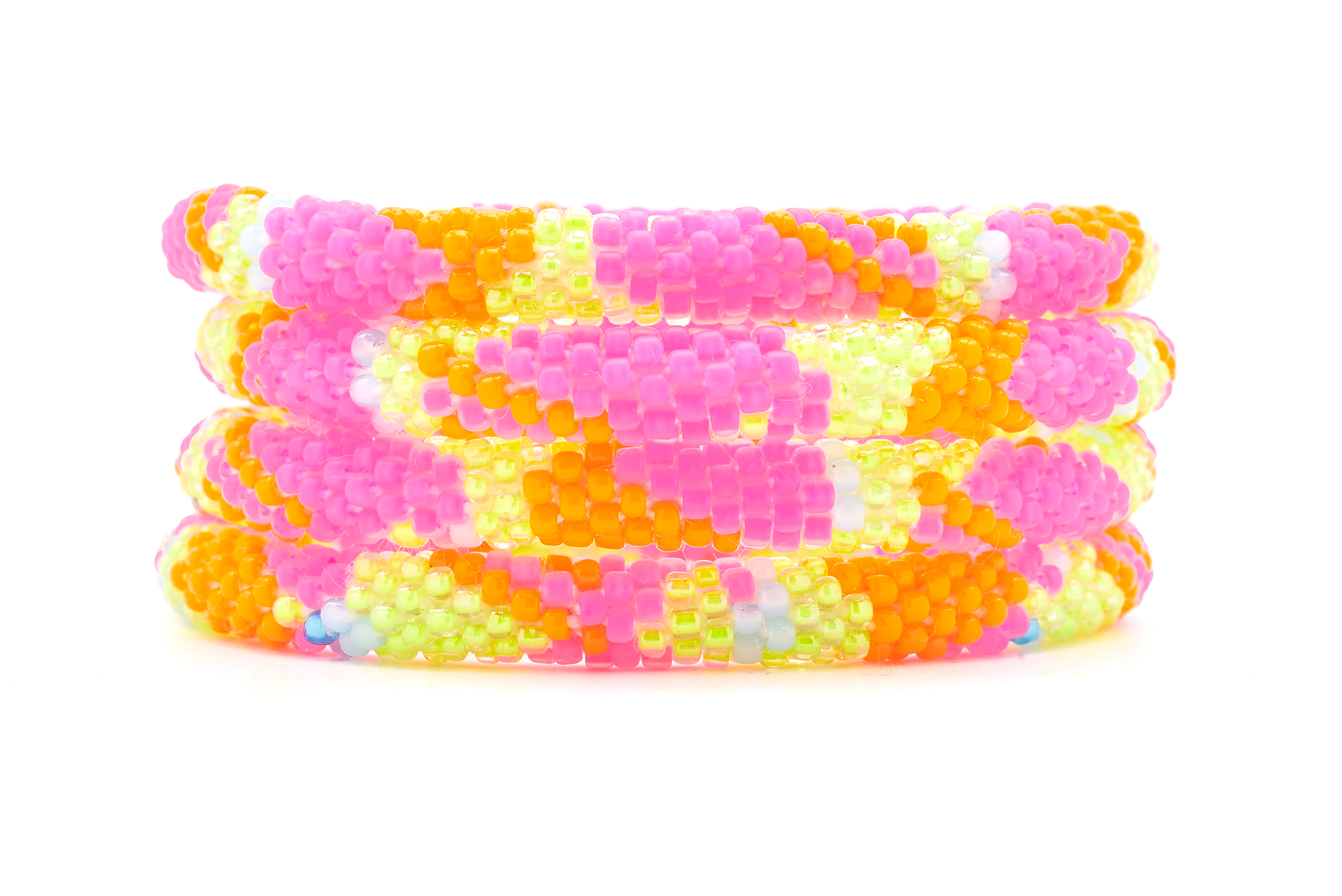 Handmade beaded friendship bracelet with orange, matte pink, yellow, and blue glass beads. Crafted by artisans in Nepal for Sashka Co.